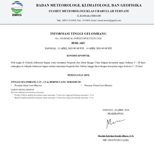 BMKG Ternate Keluarkan Peringatan Dini Gelombang Tinggi di Perairan Maluku Utara