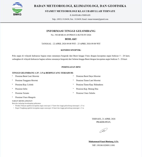 Sejumlah Perairan di Maluku Utara Masih Terjadi Gelombang Tinggi, BMKG Keluarkan Peringatan Dini