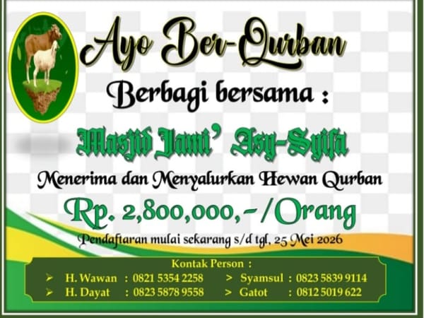 Kegiatan Ibadah Qurban di Mesjid Jami' Asy Syifa 2026 Target 7 Ekor Sapi