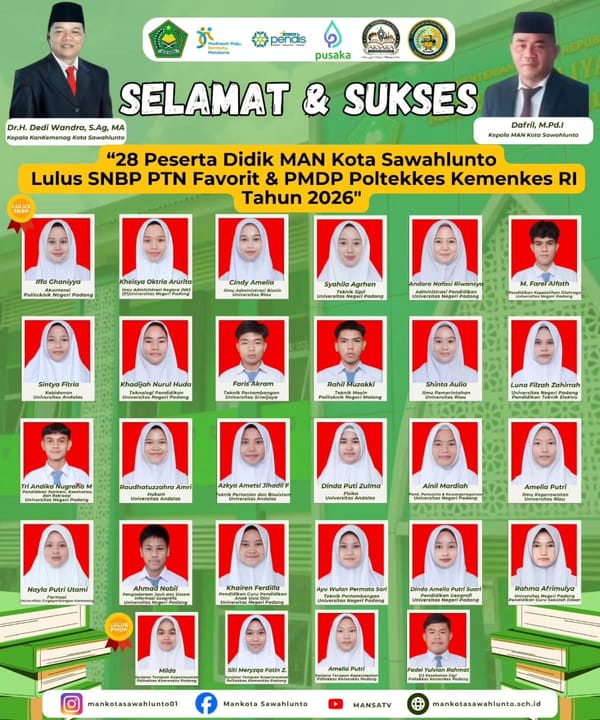 Spektakuler! Rekor 5 Tahun Terakhir, 28 Siswa MAN Sawahlunto Tembus PTN dan Poltekkes 2026