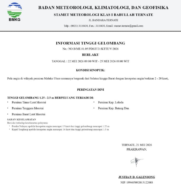 Sejumlah Perairan di Maluku Utara Masih Terjadi Gelombang Tinggi, BMKG Keluarkan Peringatan Dini