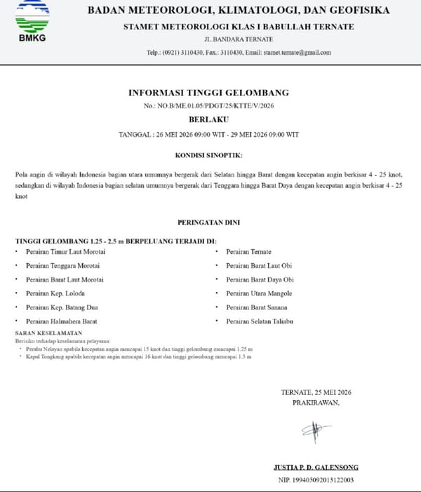 Sejumlah Perairan di Maluku Utara Masih Terjadi Gelombang Tinggi, BMKG Keluarkan Peringatan Dini