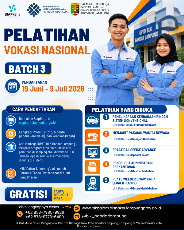 Kemnaker Gelar Pelatihan Vokasi Nasional Batch 3: Gratis !!