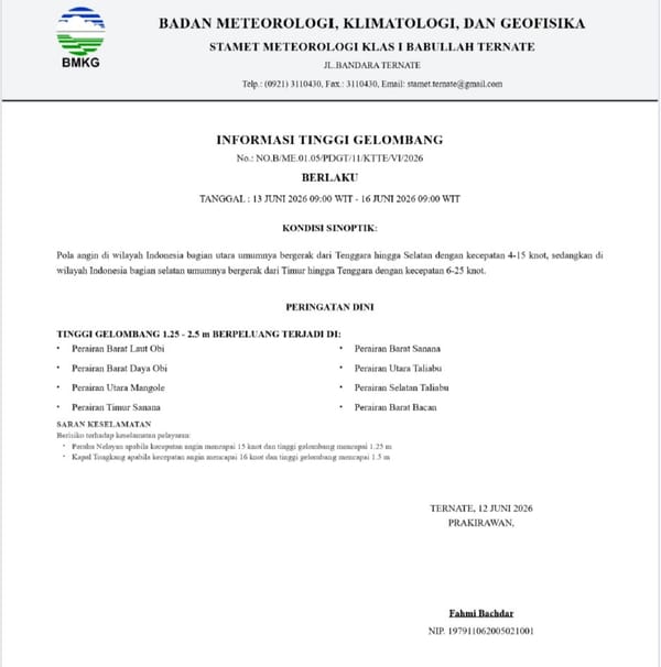 BMKG Keluarkan Peringatan Dini Beberapa Perairan di Maluku Utara Masih Terjadi Gelombang Tinggi