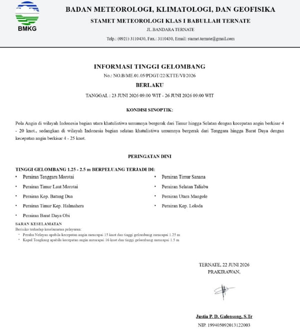 BMKG Keluarkan Peringatan Dini Gelombang Tinggi di Perairan Maluku Utara, Pelaut Diminta Tunda Pelayaran Jika Cuaca Memburuk