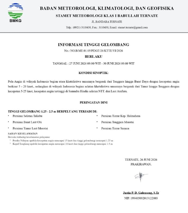 Tinggi Gelombang Capai 2,5 Meter, BMKG Ternate Keluarkan Peringatan Dini untuk Perairan Maluku Utara