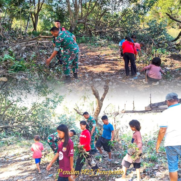 Jelang Pembangunan Jembatan Gantung TNI AD, Kodim 1425/ Jeneponto dan Warga Gotong Royong Bersihkan Lokasi