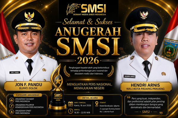 Bupati Solok Jon Pandu dan Wako Padang Panjang Hendri Arnis Terima Anugerah SMSI Tahun 2026