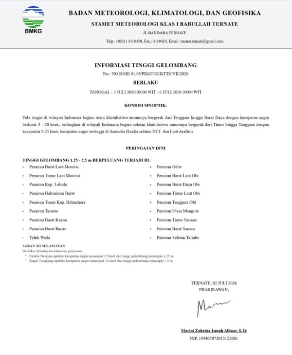 BMKG Keluarkan Peringatan Dini, Beberapa Perairan di Maluku Utara Masih Terjadi Gelombang Tinggi