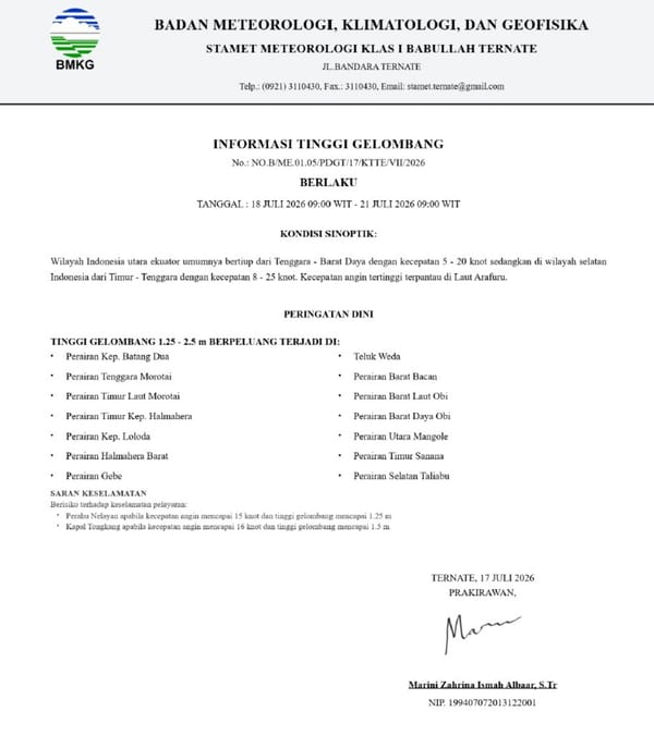 Gelombang Tinggi Masih Terjadi Pada Sejumlah Perairan di Maluku Utara