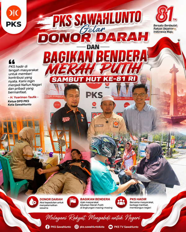PKS Sawahlunto Gelar Donor Darah dan Bagikan Bendera Merah Putih Sambut HUT ke-81 RI