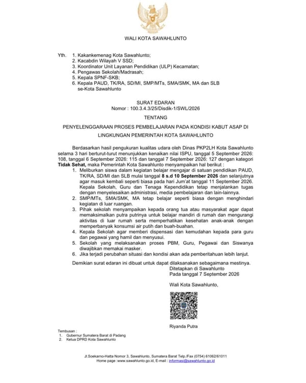 ISPU Tembus 127, Sawahlunto Liburkan PAUD hingga SD Selama Tiga Hari Akibat Kabut Asap