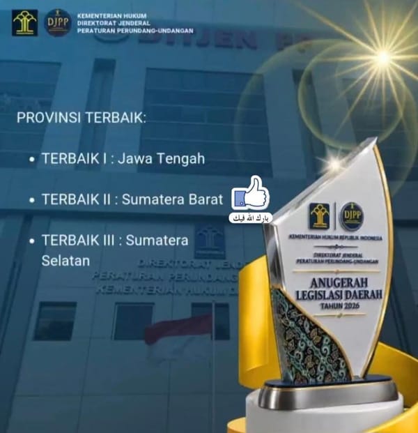 Pemprov Sumbar Raih Terbaik II Anugerah Legislasi Daerah 2026