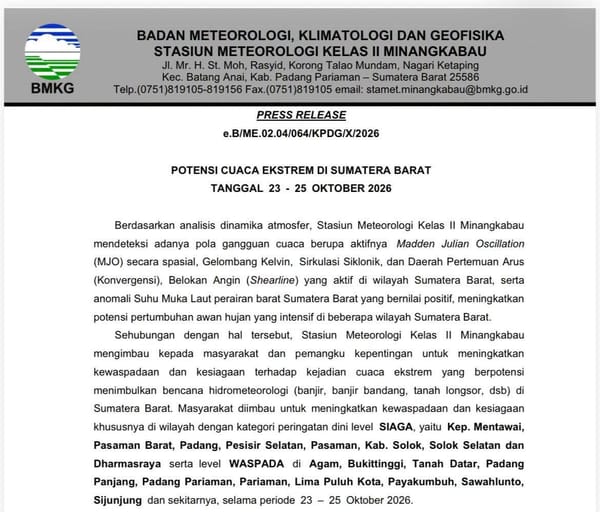 BMKG Keluarkan Peringatan Dini Cuaca Ekstrem, Gubernur Sumbar Imbau Warga Waspada